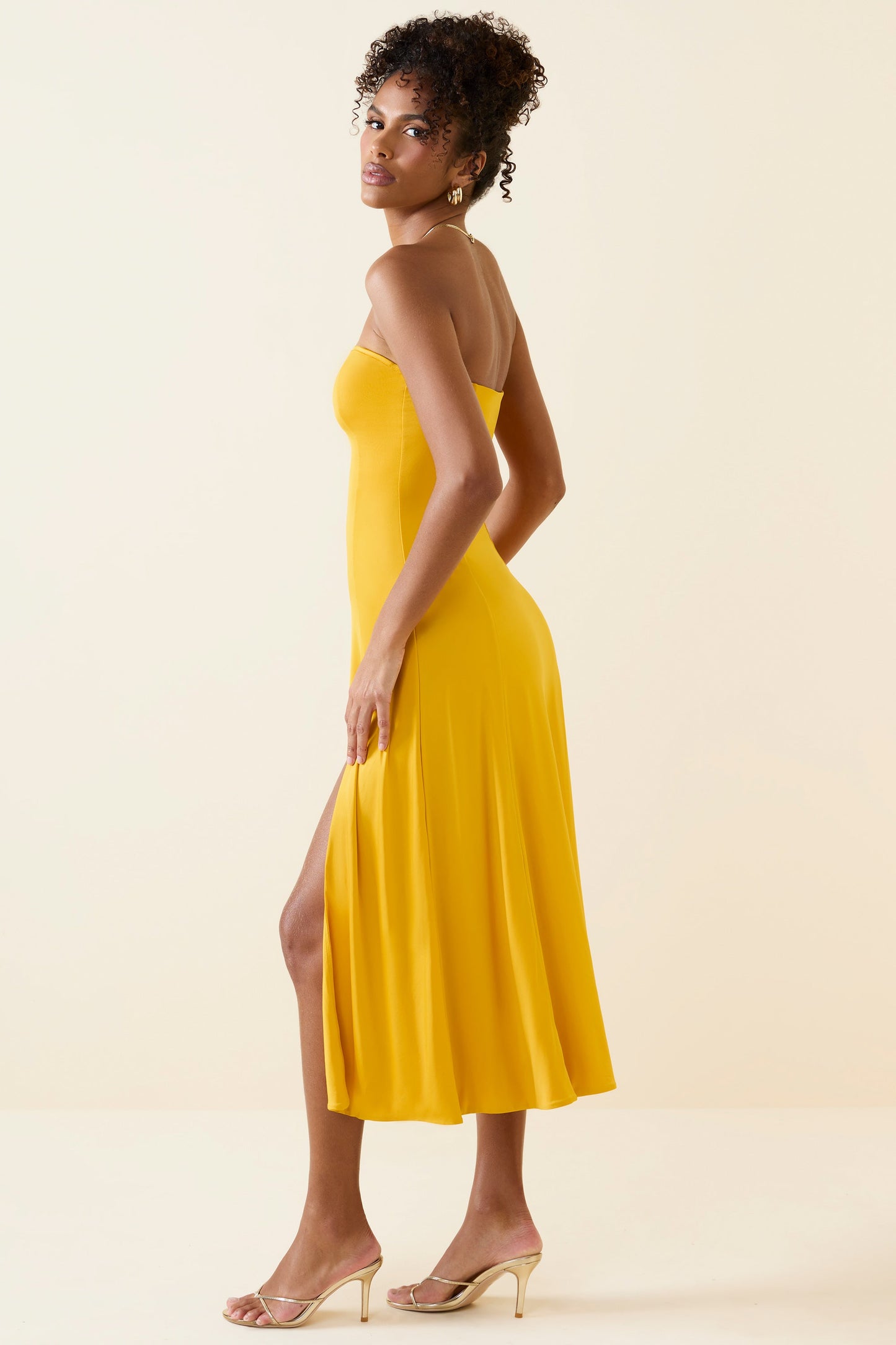 Slinky Jersey Strapless A-Line Midaxi Dress in Golden Yellow