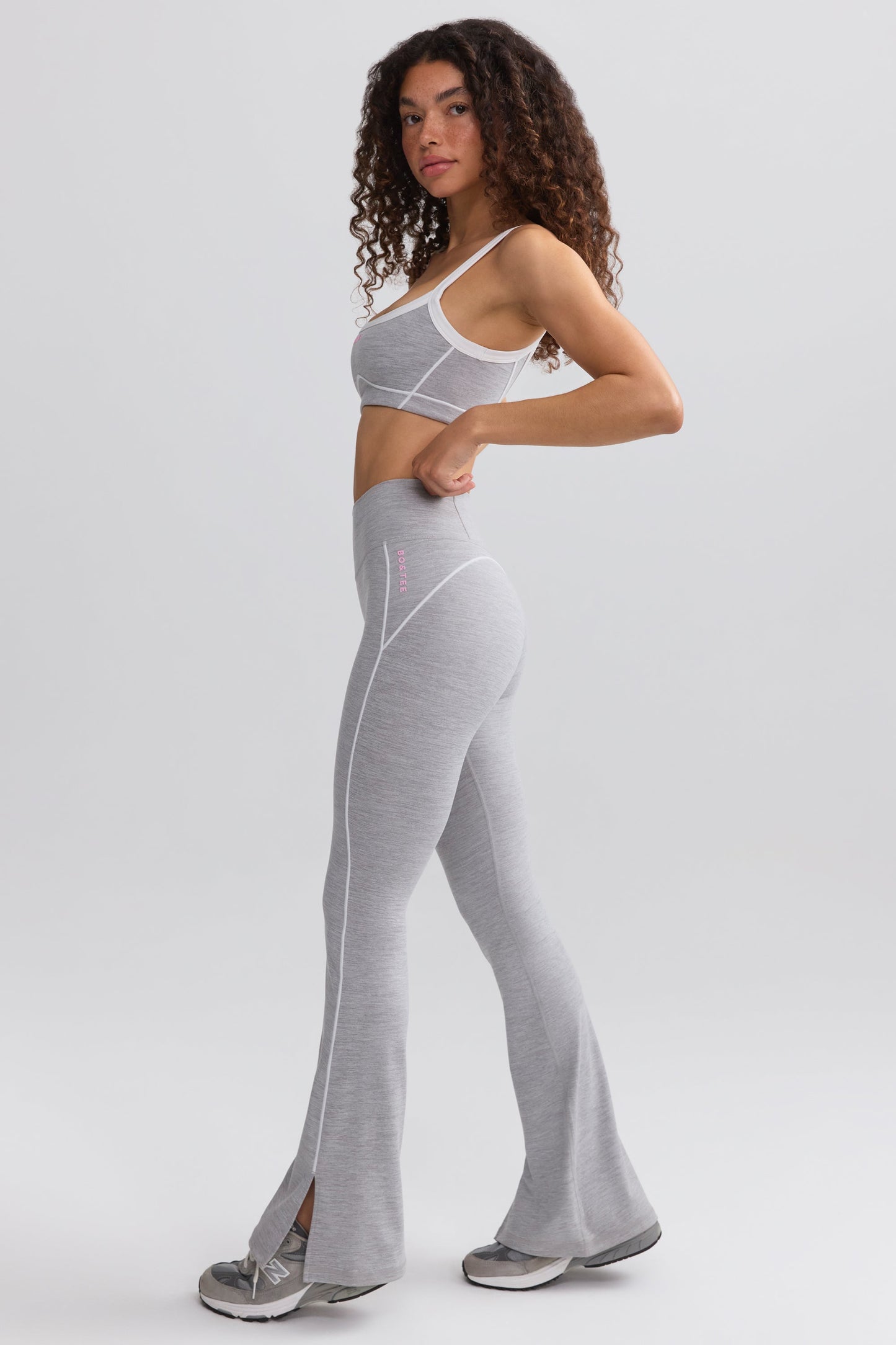 Soft Active Contrast-Trim Flared Trousers in Marl Grey