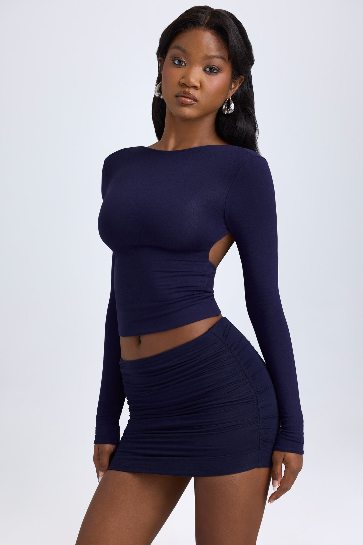 Modal High Neck Long Sleeve Open Back Top in True Navy