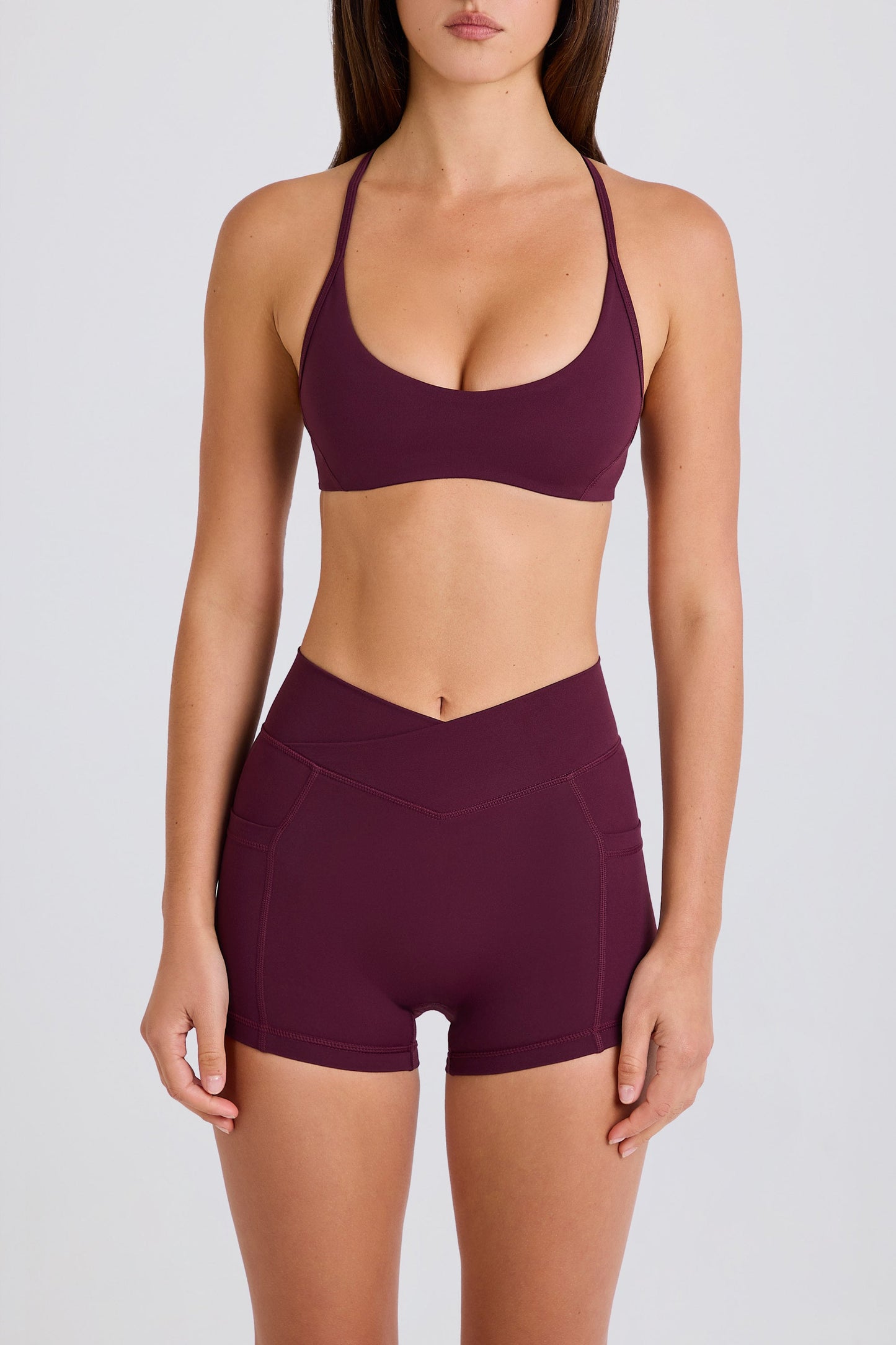 Soft Active Crossover Pocket Shorts in Burgundy