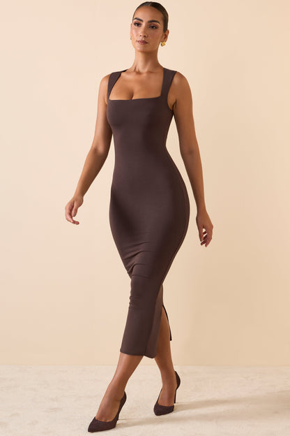 Square Neck Midi Dress in Chocolate Brown