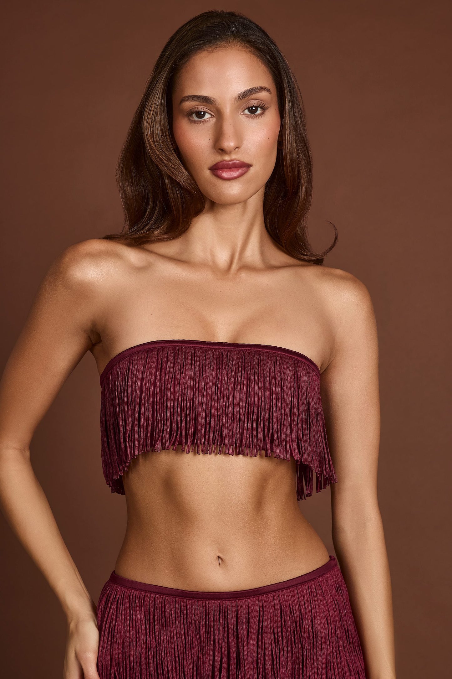 Fringed Bandeau Lace-up Crop Top in Wine Red