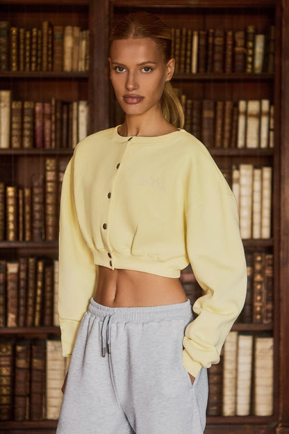 Button-Up Cropped Cardigan in Soft Yellow