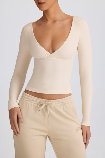 Ribbed Modal Ruched V-Neck Top in Ecru