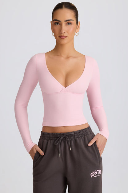 Ribbed Modal Ruched V-Neck Top in Soft Pink