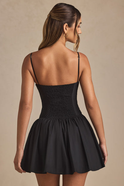 Pintucked Shirred Mini Dress in Black