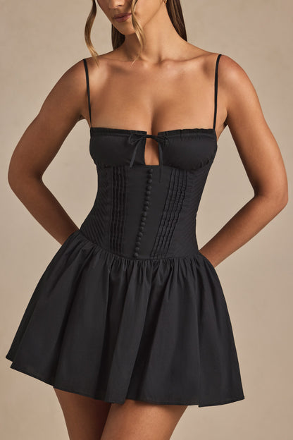 Pintucked Shirred Mini Dress in Black