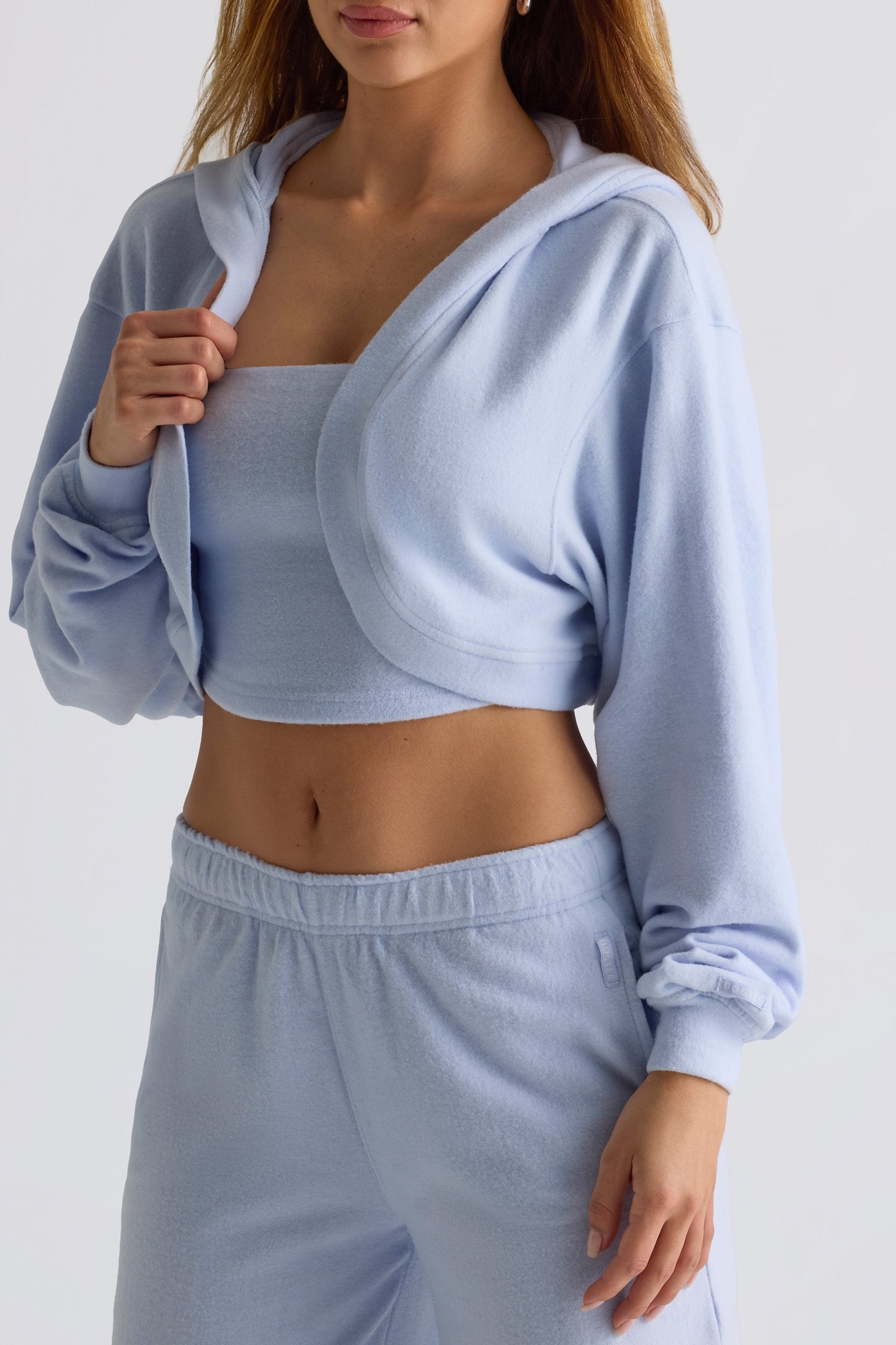 Brushed Jersey Hooded Cropped Shrug in Soft Blue