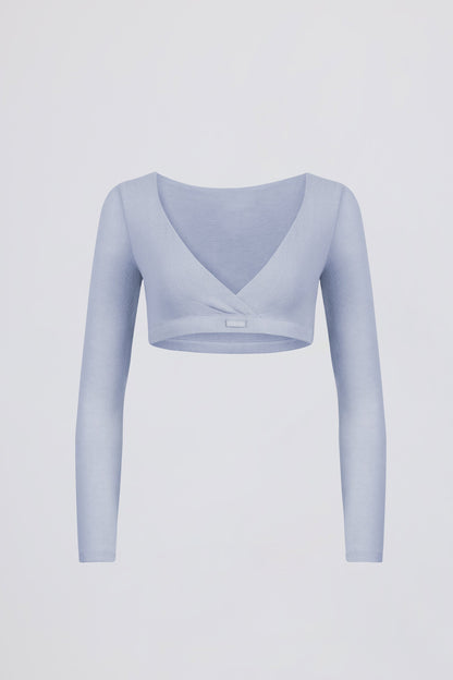Brushed Jersey Wrap Crop Top in Soft Blue