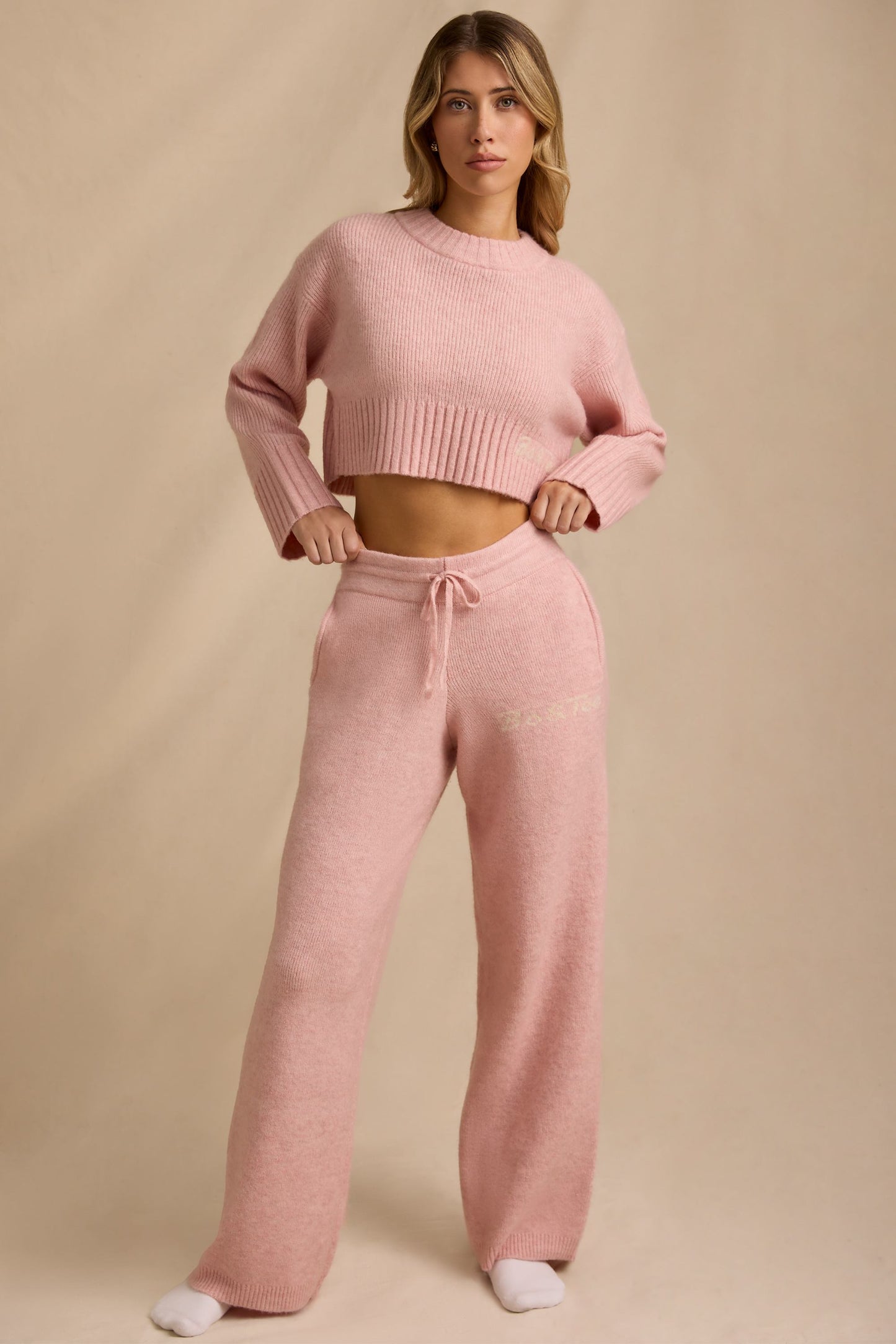 Mid-Rise Wide-Leg Joggers in Blush Pink