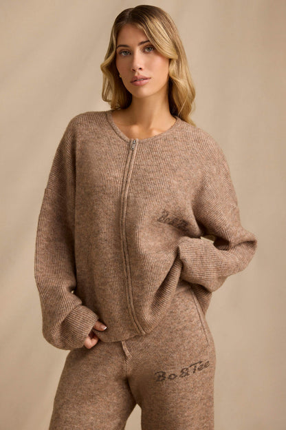 Oversized Zip-Up Cardigan in Brown Marl