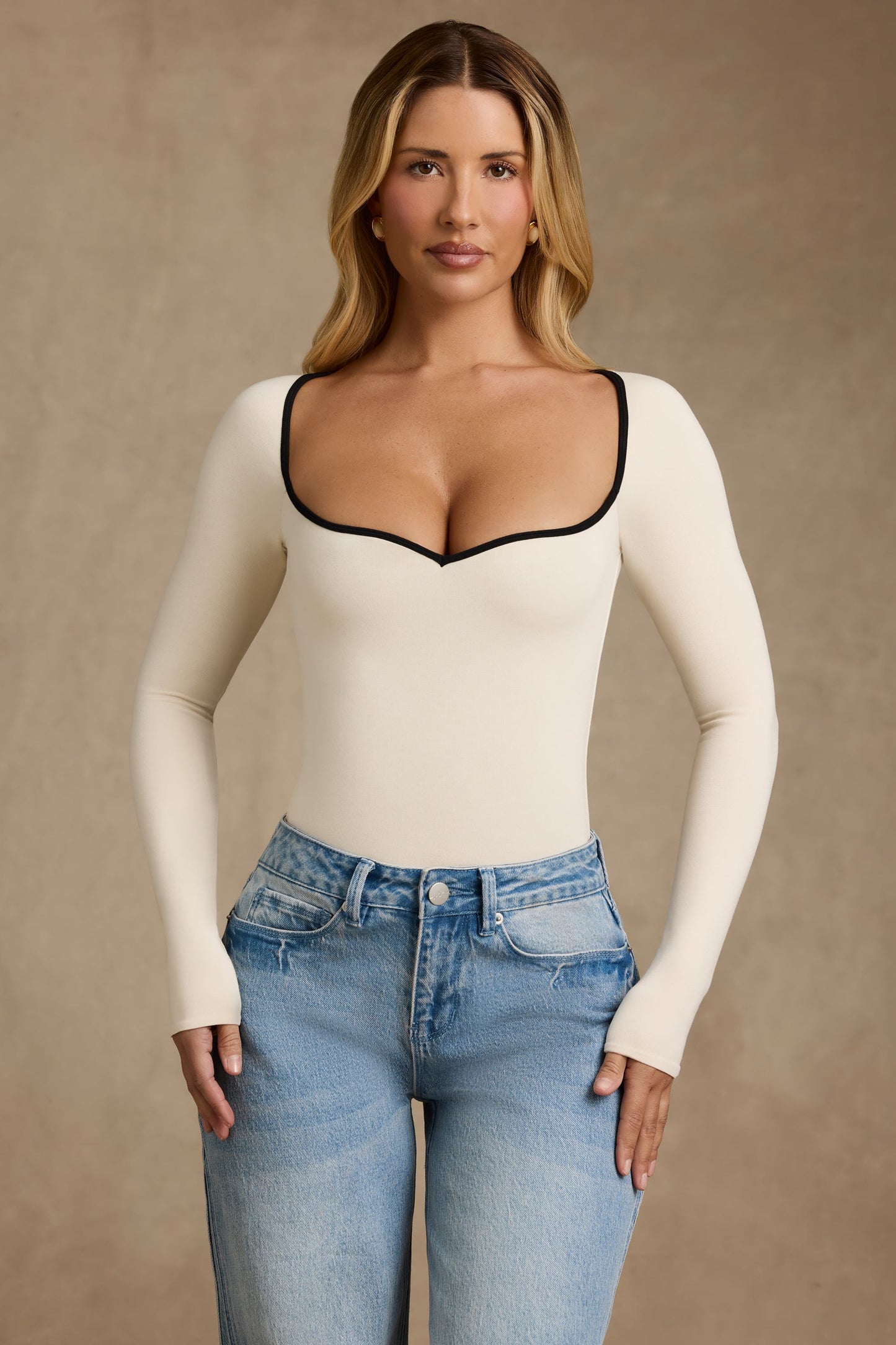 Modal Contrast-Trim Bodysuit in Ivory