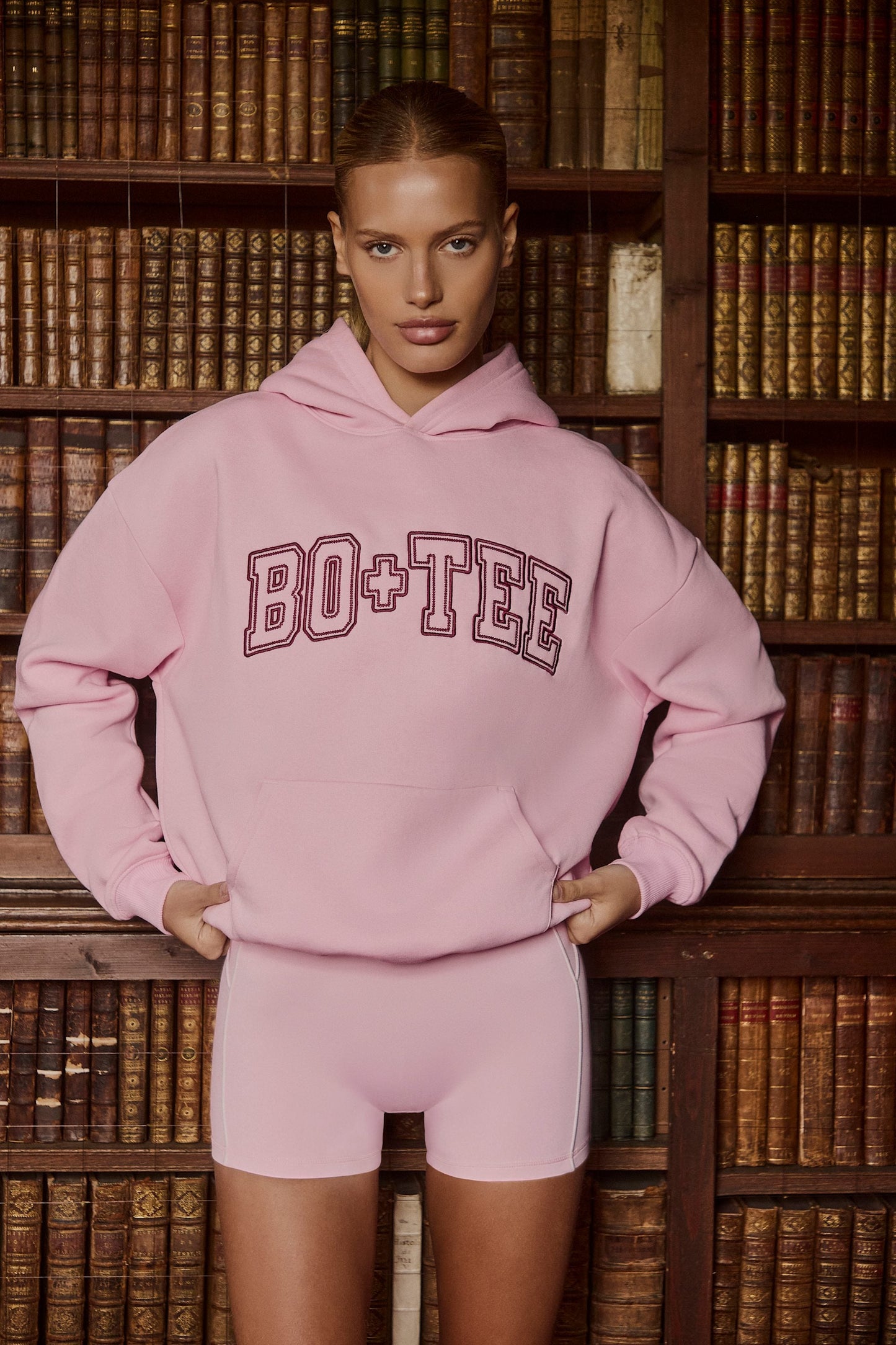 Oversized Appliqué Hoodie in Powder Pink