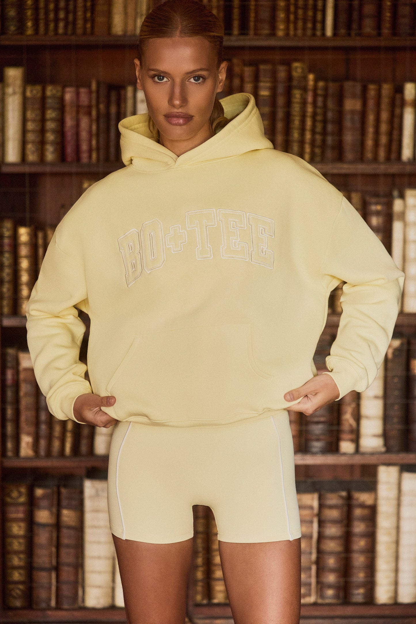 Oversized Appliqué Hoodie in Soft Yellow