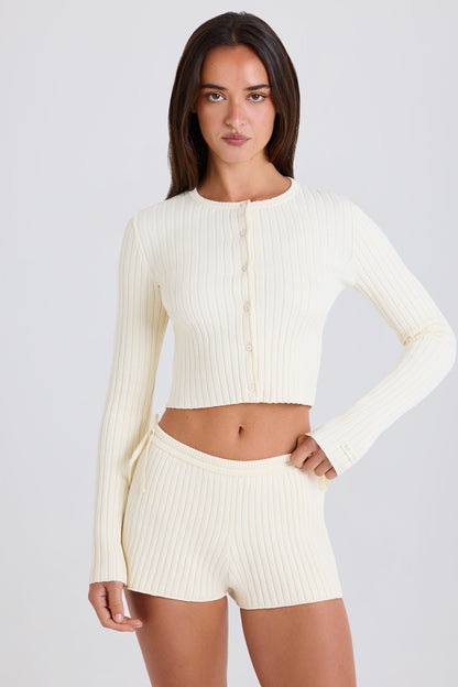 Ribbed-Knit Button-Up Cardigan in Cream