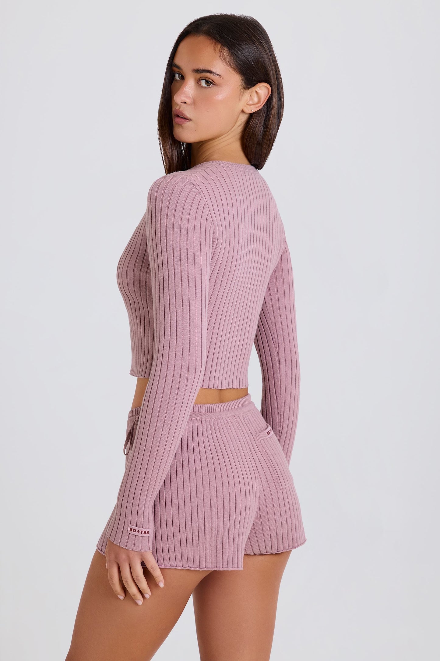 Ribbed-Knit Button-Up Cardigan in Mauve