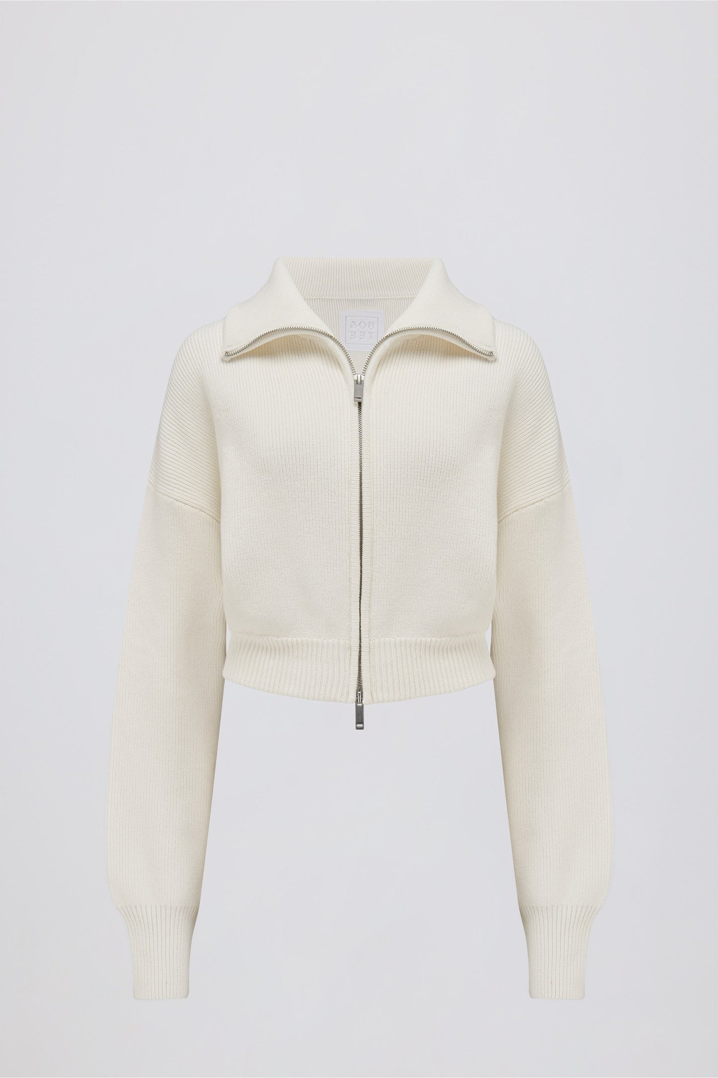 Ribbed-Knit Cropped Zip-Up Sweatshirt in Ivory