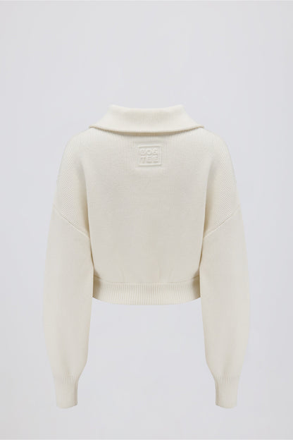 Ribbed-Knit Cropped Zip-Up Sweatshirt in Ivory