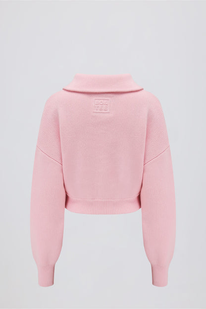 Ribbed-Knit Cropped Zip-Up Sweatshirt in Pale Pink