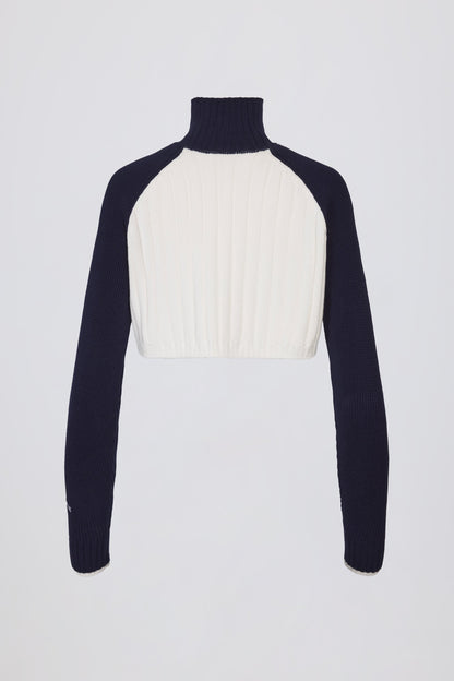 Ribbed-Knit Quarter-Zip Cropped Jumper in Classic Navy