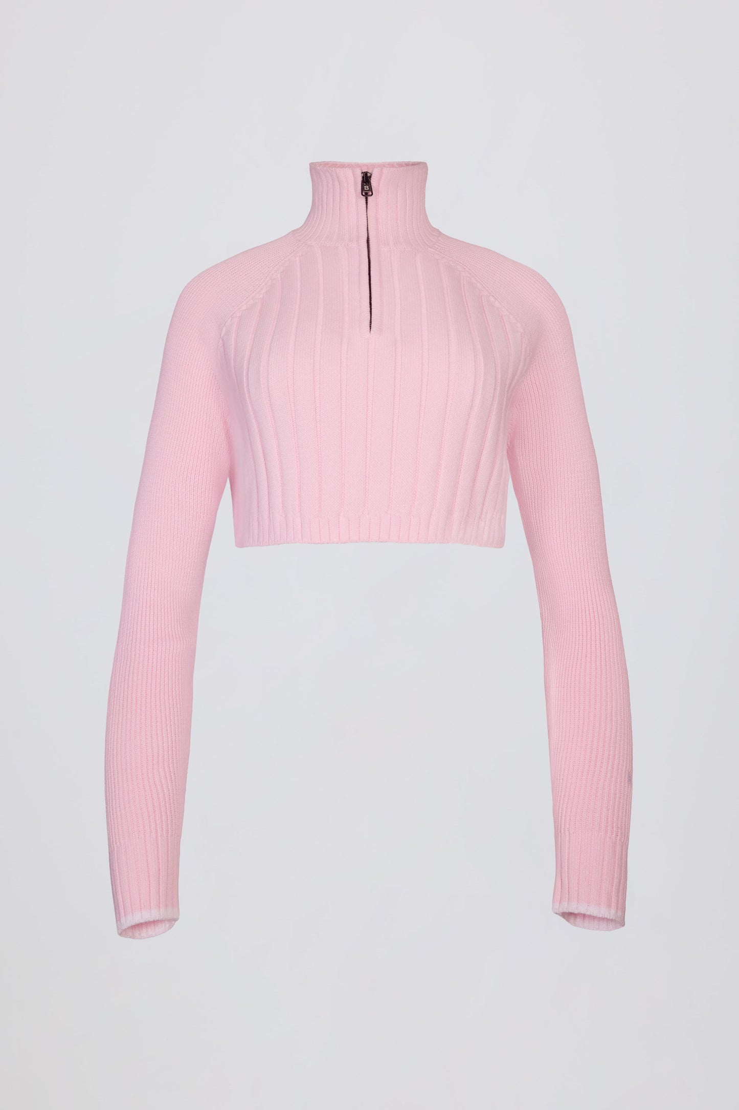 Ribbed-Knit Quarter-Zip Cropped Jumper in Powder Pink