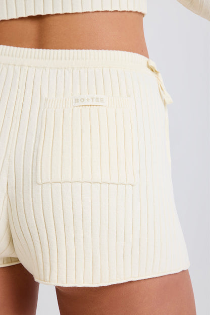 Ribbed Knit Tie Mini Shorts in Cream