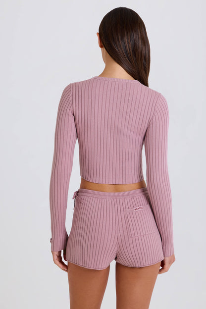 Ribbed Knit Tie Mini Shorts in Mauve