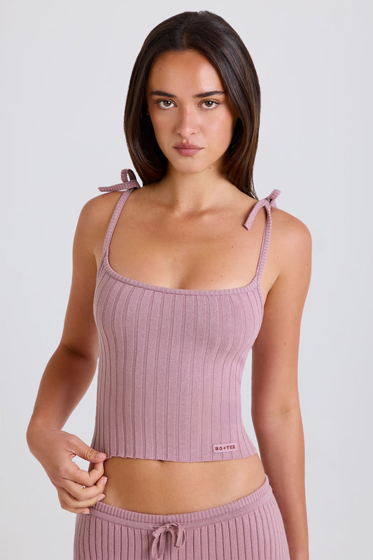 Ribbed Knit Tie Tank Top in Mauve