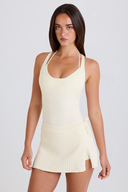 Ribbed-Knit Wrapover Tie Skort in Cream