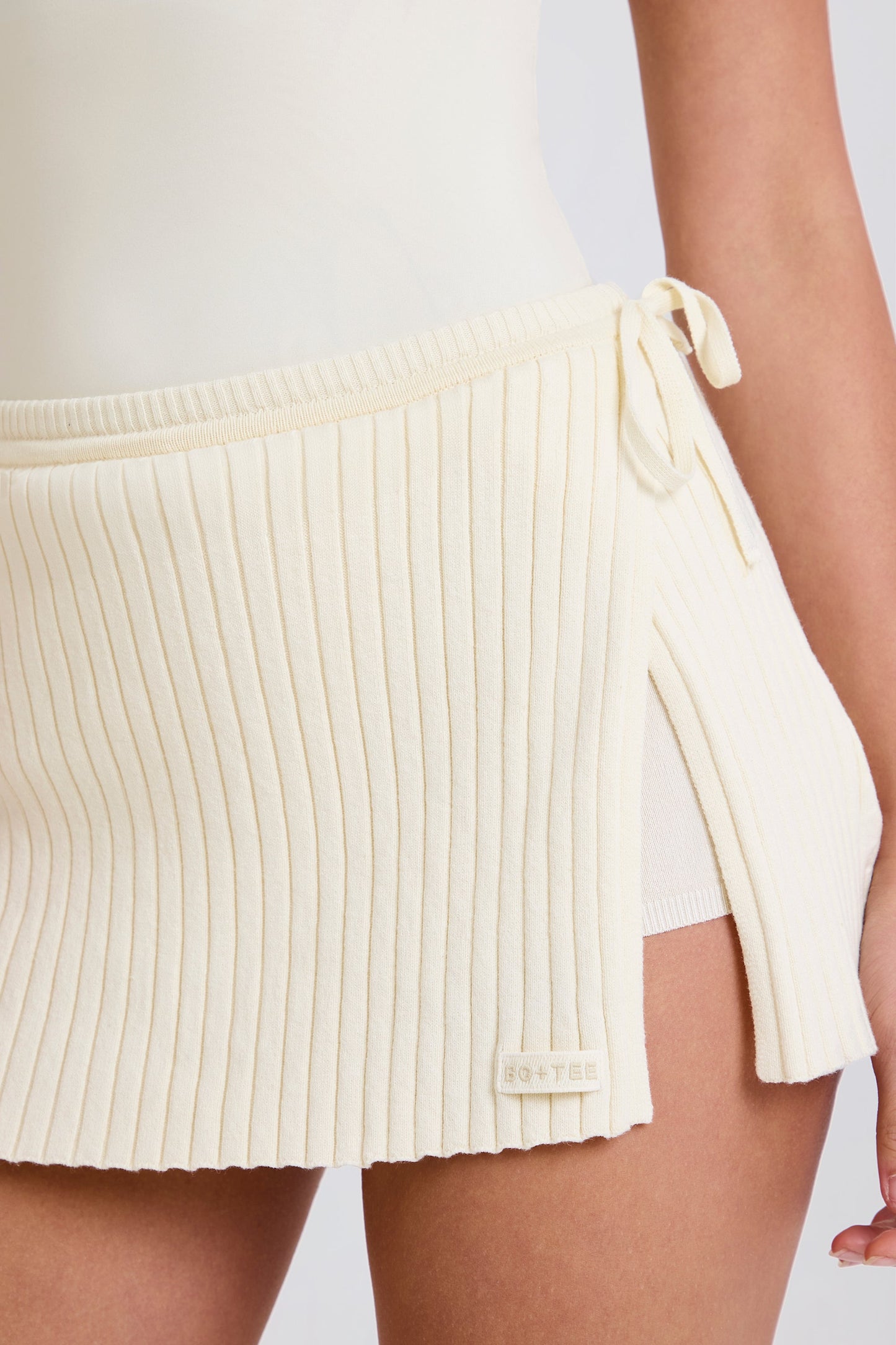Ribbed-Knit Wrapover Tie Skort in Cream