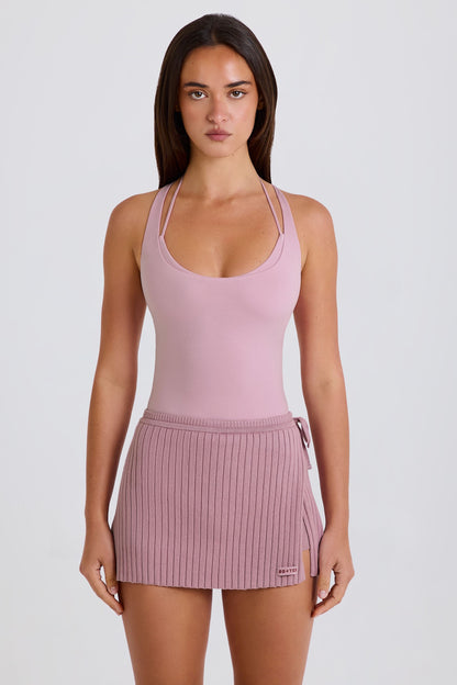 Ribbed-Knit Wrapover Tie Skort in Mauve