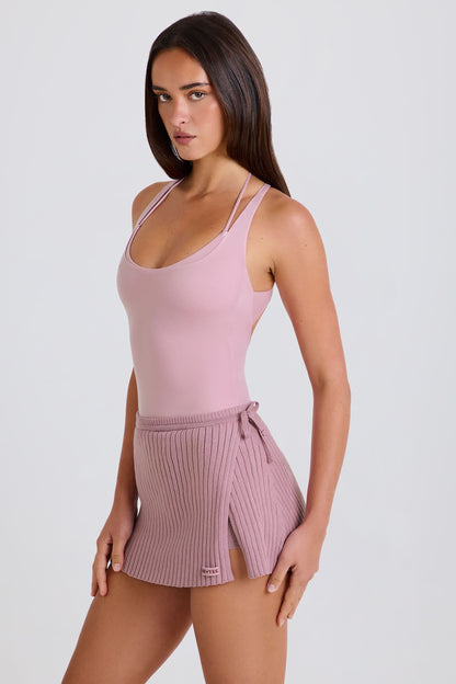 Ribbed-Knit Wrapover Tie Skort in Mauve