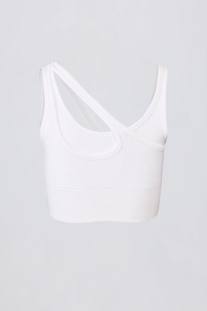 Seamless Soft Rib Asymmetric Sports Bra in White