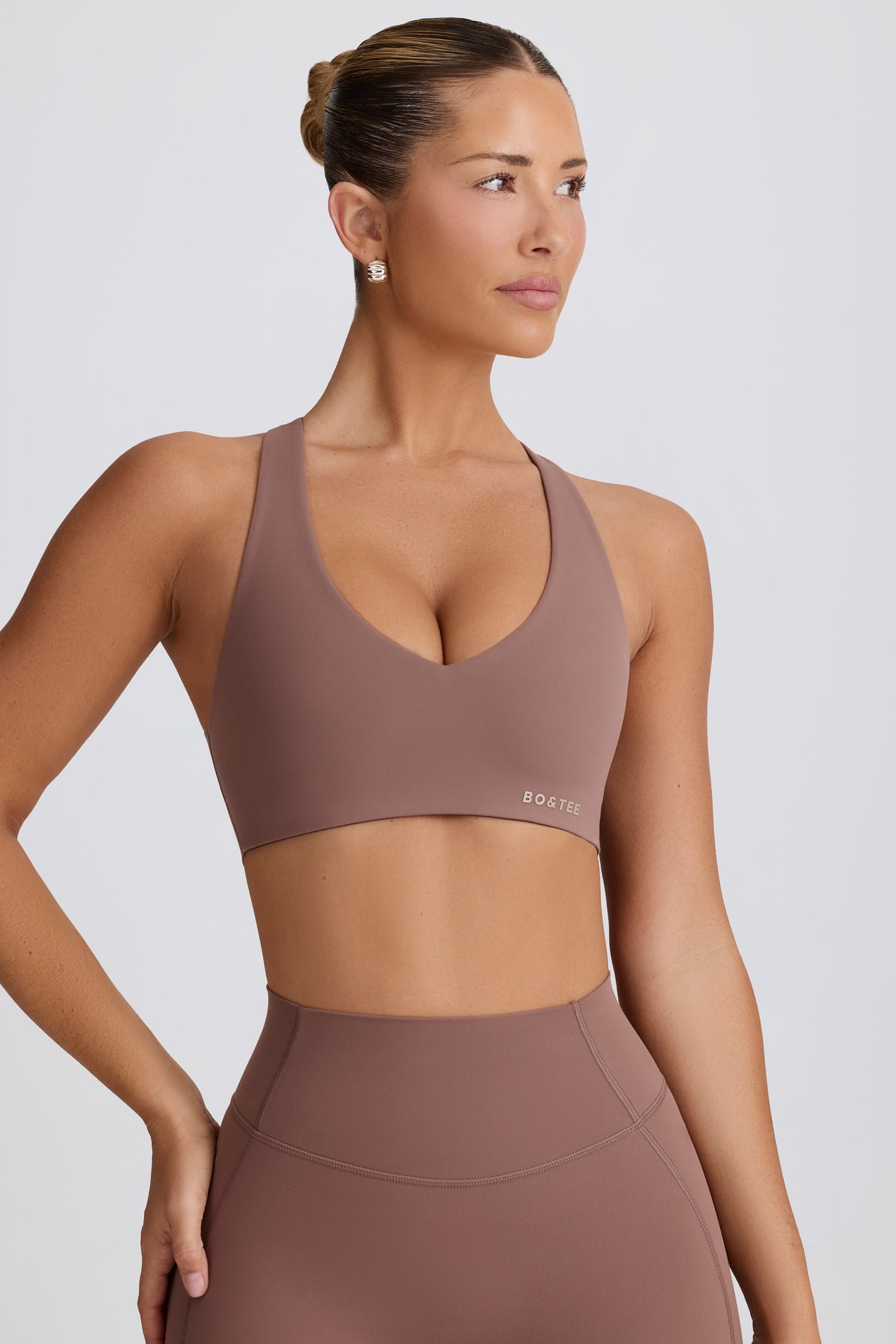 Soft Active V-Neck Sports Bra in Mocha